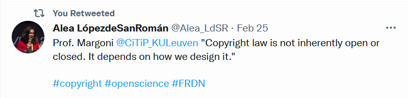 A tweet of Alea LópezdeSanRomán saying: Prof. Margoni @CiTip_KULeuven 