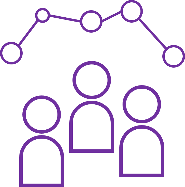 Three people (icons) look at four dots that are connected.